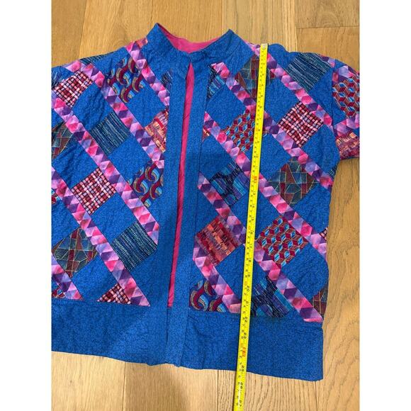 Handmade Quilted Jacket with Pockets Blue Pink L/XL Grannycore Cottagecore - Picture 8 of 8